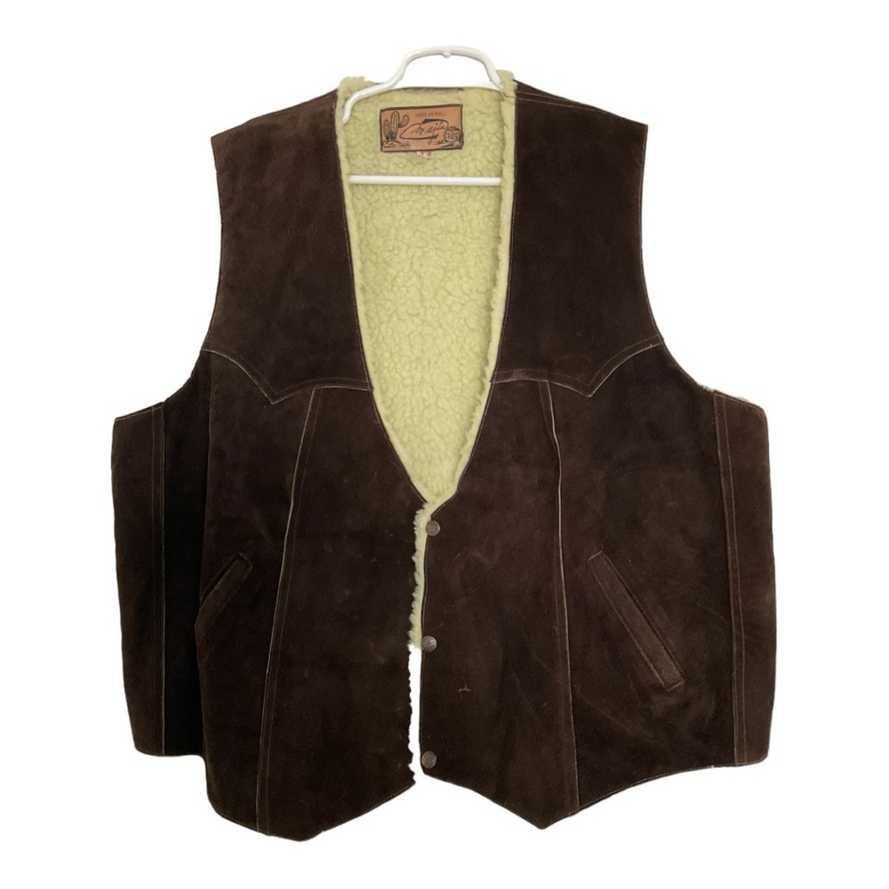 Mejia Mens Sz 48 Sherpa Lined Leather Snap Close Slash Pocket Western Brown Vest
